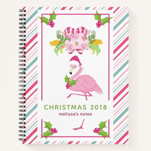 Roze Flamingo Santa Hat Candy Canes and Holly Notitieboek (Voorkant)