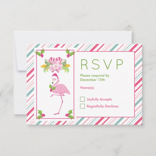 Roze Flamingo Santa Hat Candy Canes and Holly RSVP Kaartje (Voorkant)