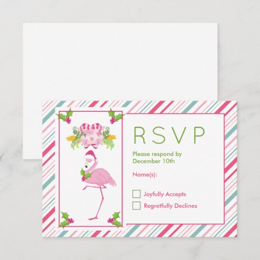Roze Flamingo Santa Hat Candy Canes and Holly RSVP Kaartje (Voorkant / Achterkant)