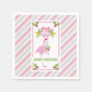 Roze Flamingo Santa Hat Candy Canes and Holly Servet