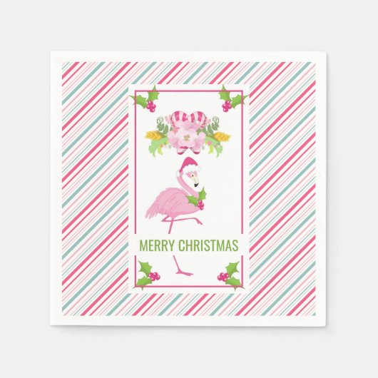 Roze Flamingo Santa Hat Candy Canes and Holly Servet (Voorkant)