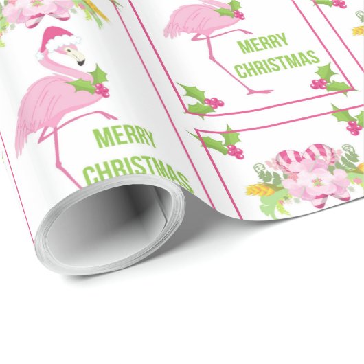 Roze Flamingo Santa Hat Candy Canes Patroon Cadeaupapier (Rol Hoek)