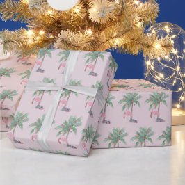Roze Flamingo | Santa Hat met palmboom en lampjes Cadeaupapier