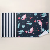 Roze Flamingo Santa Hat Navy Blue Striped Strandlaken (Voorkant)