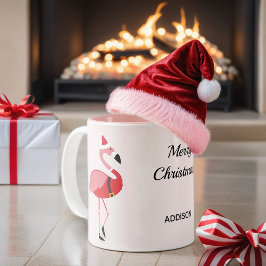 Roze Flamingo Santa Naam Dier Kerstmis Tweekleurige Koffiemok