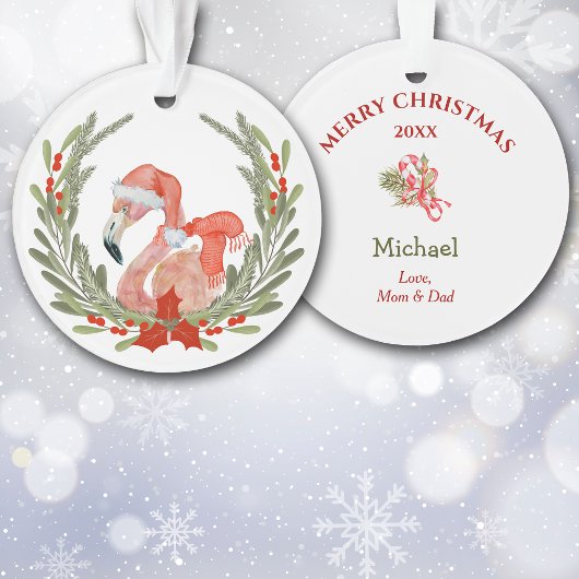 Roze Flamingo Santa Wreath Kinder Ornament