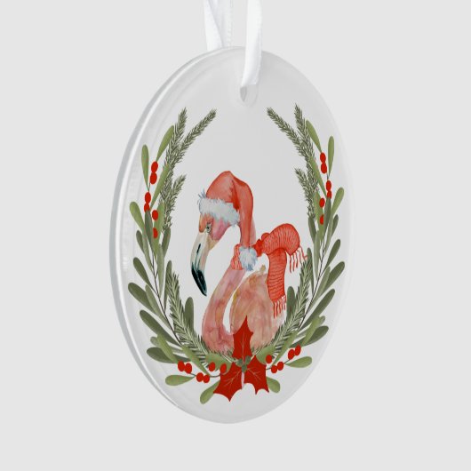 Roze Flamingo Santa Wreath Kinder Ornament (voorkant)