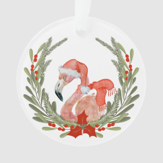 Roze Flamingo Santa Wreath Kinder Ornament (voorkant)