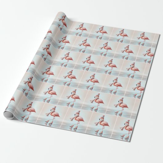 Roze flamingo schaatsen cadeaupapier (Uitgerold)