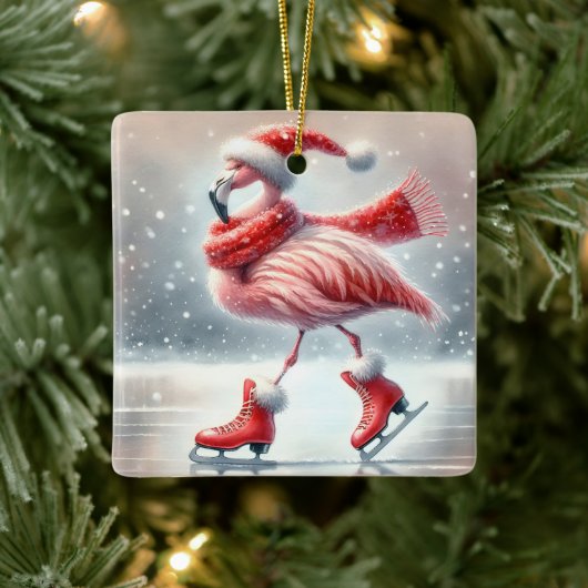 Roze flamingo schaatsen keramisch ornament (Boom)