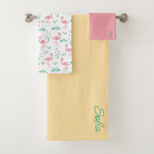Roze Flamingo schattig geel blauwgroen patroon Bad Handdoek