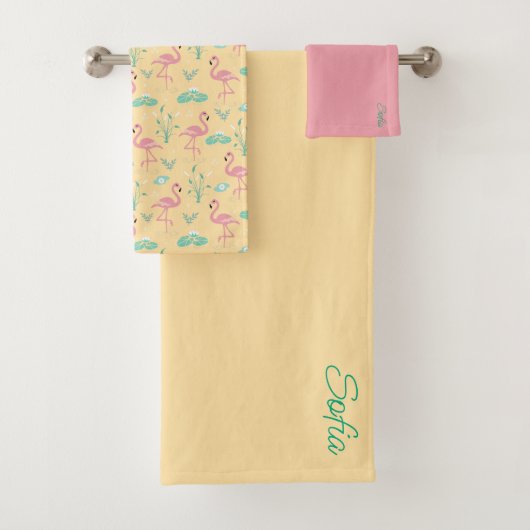 Roze Flamingo schattig geel patroon Bad Handdoek (Insitu)