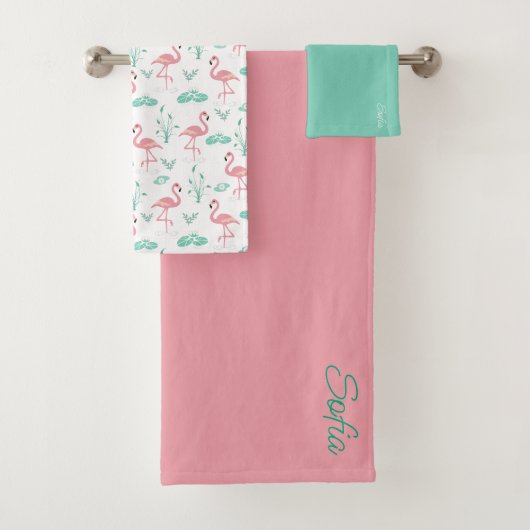 Roze Flamingo schattig geel patroon Bad Handdoek (Insitu)