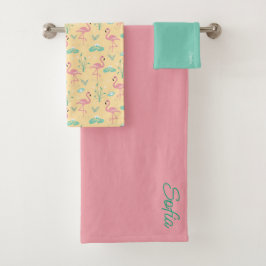 Roze Flamingo schattig geel patroon Bad Handdoek