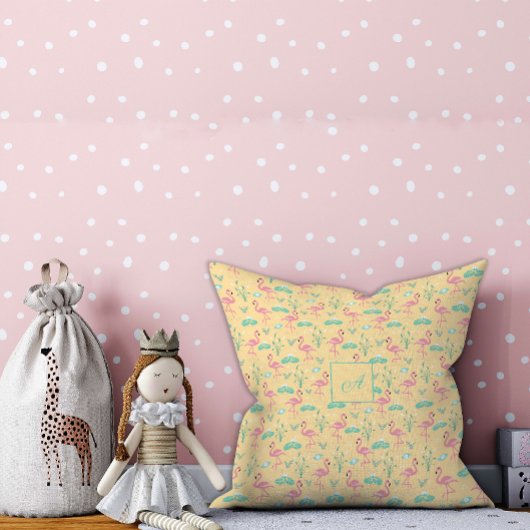 Roze Flamingo schattig geel patroontje initiaal Kussen