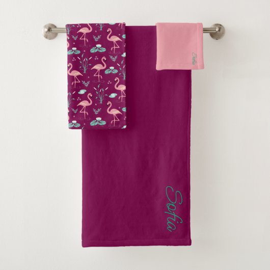 Roze Flamingo schattig rood blauwgroen patroon Bad Handdoek (Insitu)