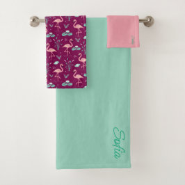 Roze Flamingo schattig rood blauwgroen patroon Bad Handdoek