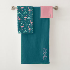 Roze Flamingo schattig tuquoise blauwgroen patroon Bad Handdoek