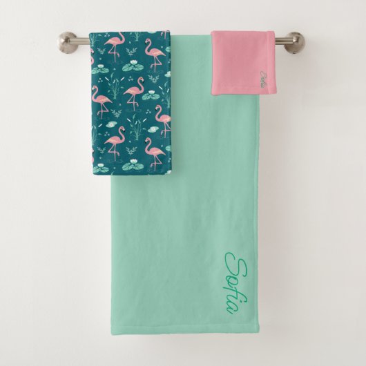 Roze Flamingo schattig tuquoise blauwgroen patroon Bad Handdoek (Insitu)
