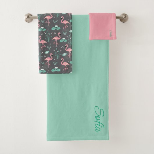Roze Flamingo schattig tuquoise grijs patroon Bad Handdoek (Insitu)