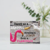 Roze Flamingo Seagull Donut Beach Humor Briefkaart (Staand voorkant)