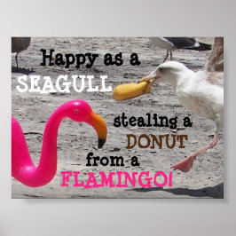 Roze Flamingo Seagull Donut Beach Humor Poster