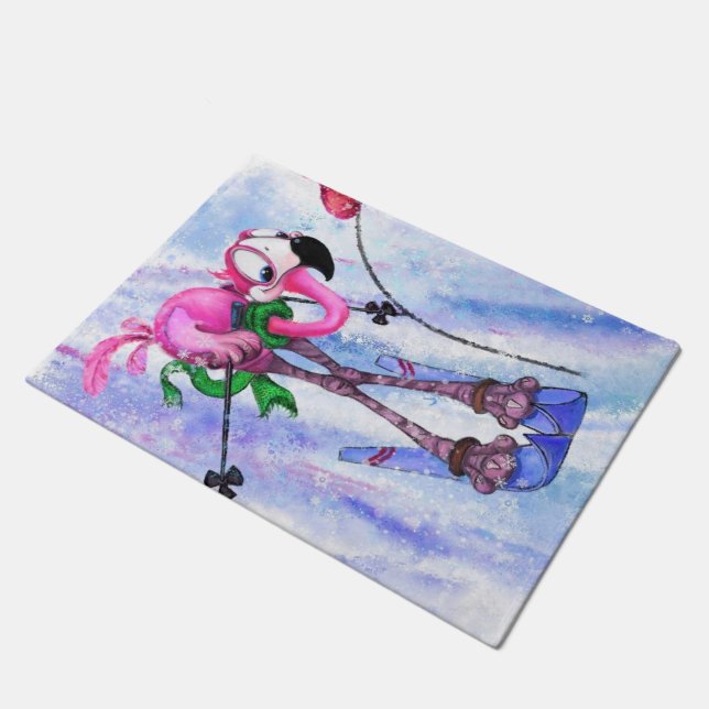 Roze Flamingo Skier Doormat Deurmat (Schuin)