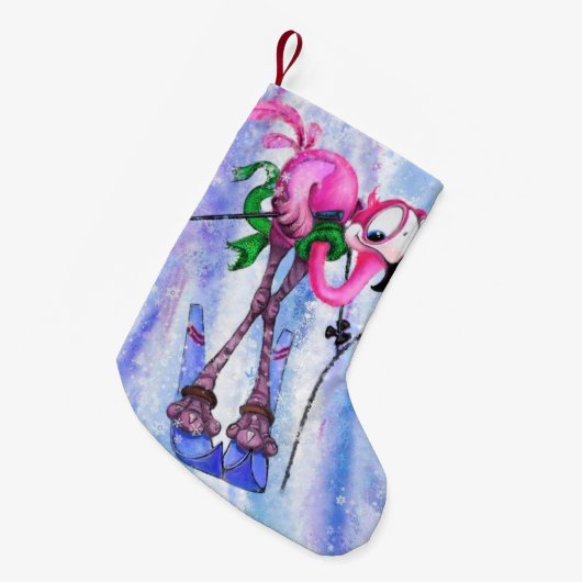Roze Flamingo Skier Grappig Kerstkous Kleine Kerstsok (Voorkant (Hangend))