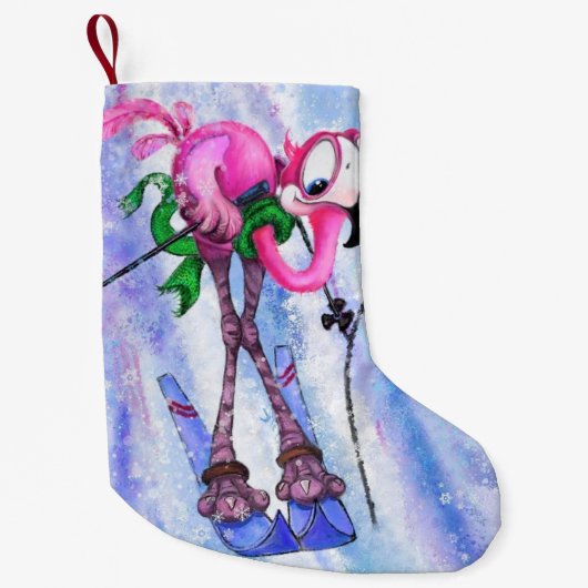 Roze Flamingo Skier Grappig Kerstkous Kleine Kerstsok (Voorkant)