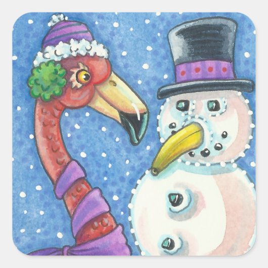 ROZE FLAMINGO SNEEUWMAN KERST STICKERS plein (Voorkant)