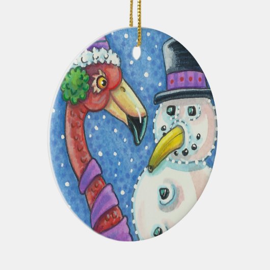 ROZE FLAMINGO SNEEUWPOP KERST ORNAMENT ROND (Rechts)