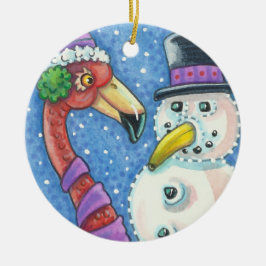 ROZE FLAMINGO SNEEUWPOP KERST ORNAMENT ROND