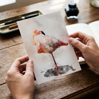 Roze Flamingo Staand in Aquarel Kunstprint Briefkaart