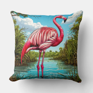Roze Flamingo Staand in een Serene Tropisch Landsc Kussen