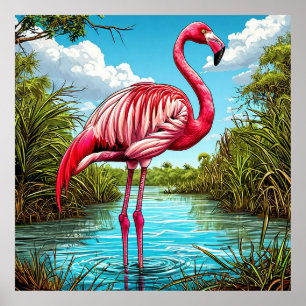 Roze Flamingo Staand in een Serene Tropisch Landsc Poster