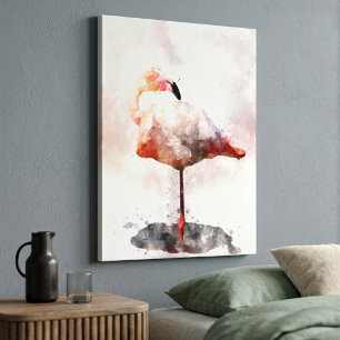 Roze Flamingo Staand in Waterverf Kunstprint Canvas Afdruk