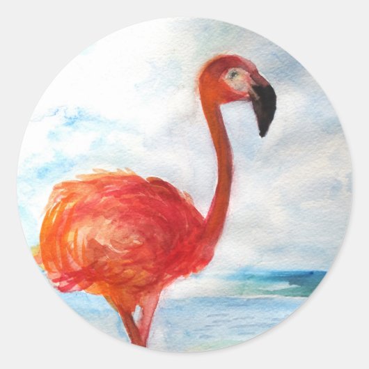 Roze Flamingo Sticker, Flamingo Waterverf Kunst Ronde Sticker (Voorkant)