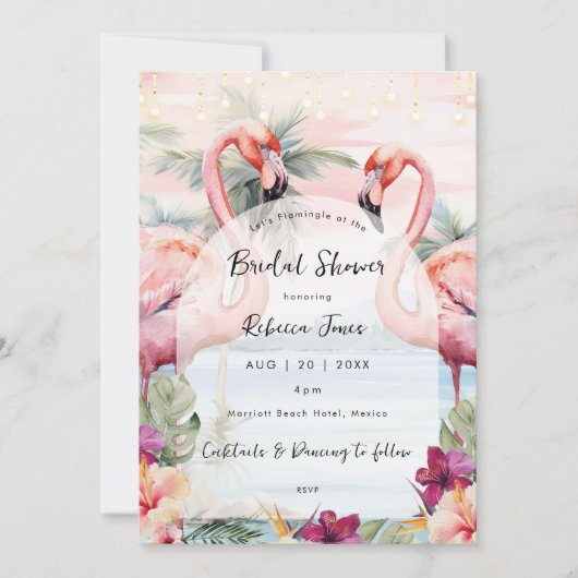 Roze Flamingo strand bruids douche uitnodiging (Voorkant)