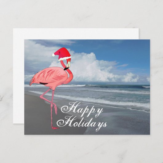 Roze Flamingo Strand Kersthuis Prettige Feestdagen (Voorkant / Achterkant)