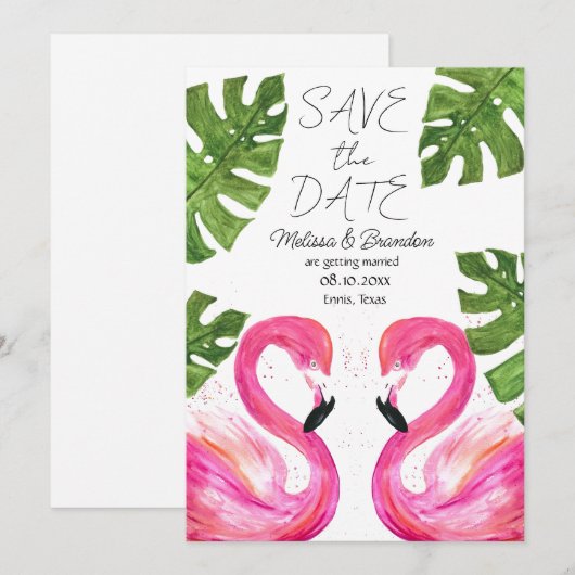 Roze Flamingo Strand Tropische Bladeren Huwelijk Kaart (Voorkant / Achterkant)