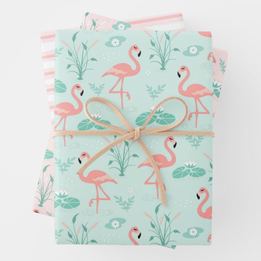 Roze Flamingo Stripes Blauwgroen Accent Al Occasio Inpakpapier Vel (In situ)