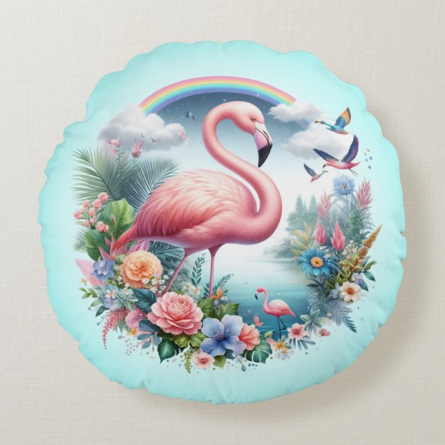 Roze flamingo sublimatie-95158 rond kussen (Voorkant)
