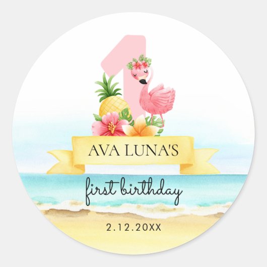 Roze Flamingo Summer Girl 1st Birthday Ronde Sticker (Voorkant)
