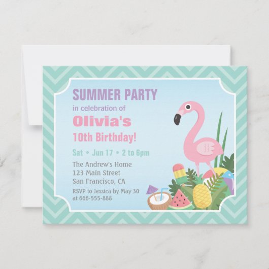 Roze Flamingo Summer Luau Birthday Party Invites Kaart (Voorkant)