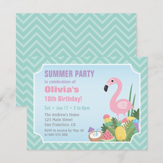 Roze Flamingo Summer Luau Birthday Party Invites Kaart (Voorkant / Achterkant)