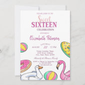 Roze Flamingo Summer Pool Sweet 16 Party Kaart (Voorkant)