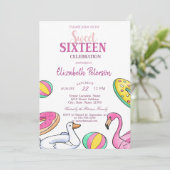 Roze Flamingo Summer Pool Sweet 16 Party Kaart (Staand voorkant)
