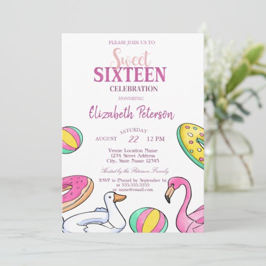 Roze Flamingo Summer Pool Sweet 16 Party Kaart (Staand voorkant)