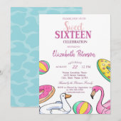 Roze Flamingo Summer Pool Sweet 16 Party Kaart (Voorkant / Achterkant)