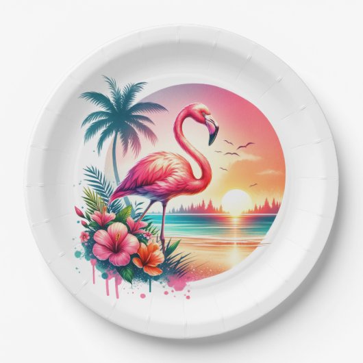 Roze Flamingo Sunset Clipart Papieren Bordje (Voorkant)
